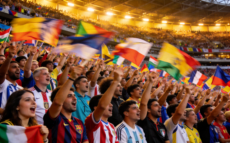 球迷在体育场欢呼 - 看台上身穿各队球衣的球迷挥舞旗帜